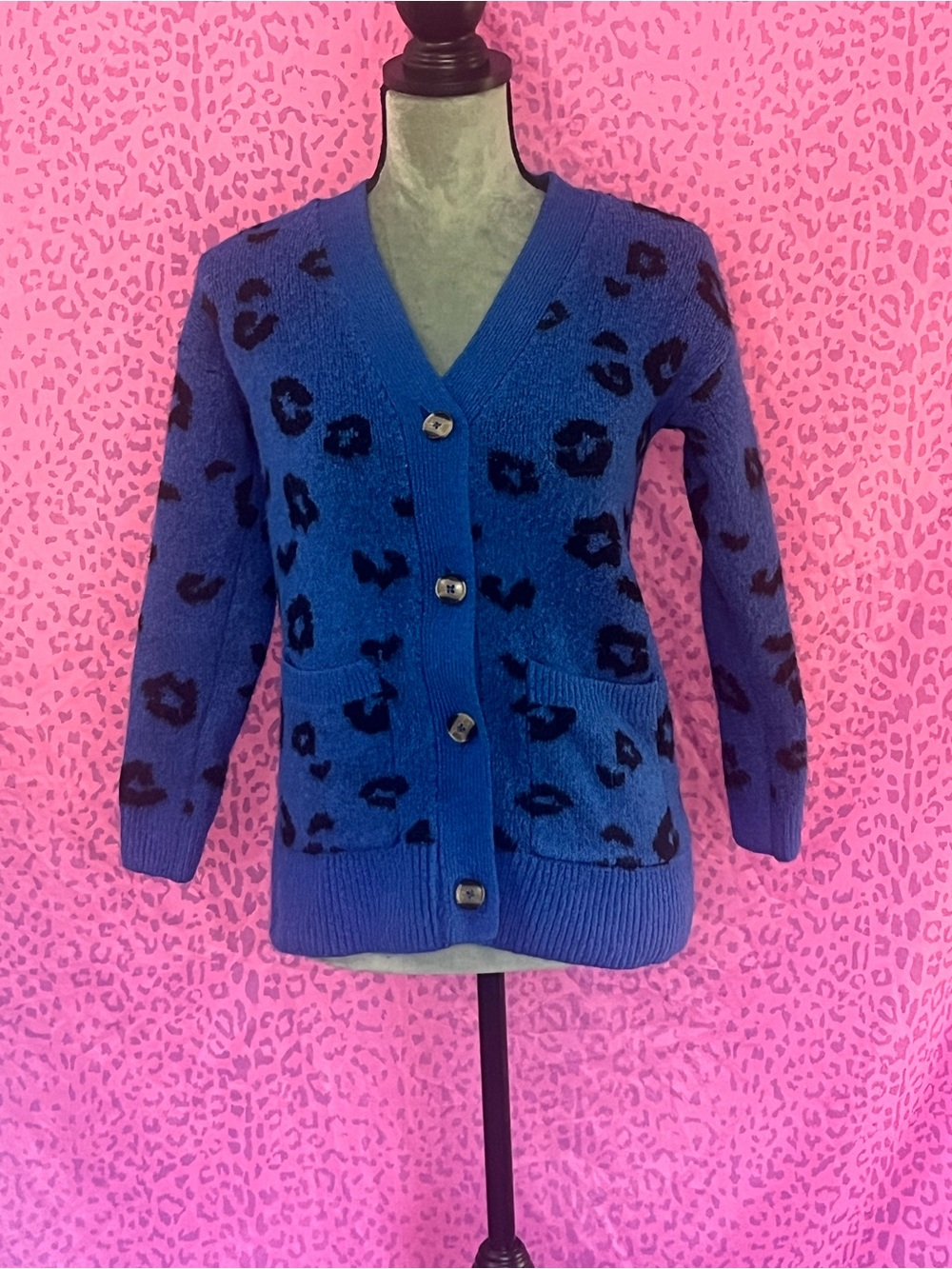 Blue Leopard Print Button-Front Women's Cardigan Sweater